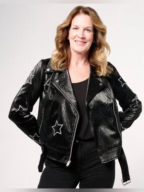 G by Giuliana Black Label Faux Leather Moto Jacket Star Bling Studs 2X